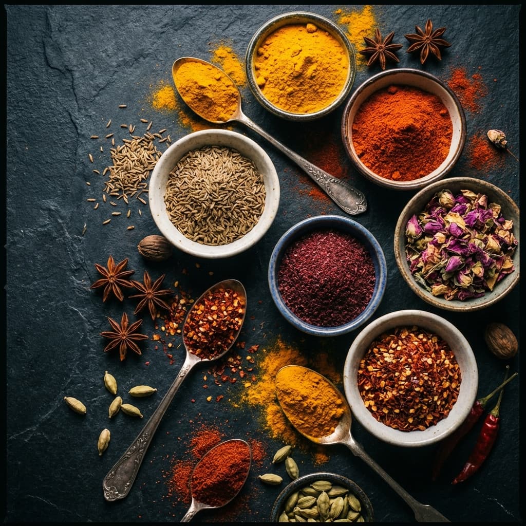 Traditional spices and authentic ingredients representing African, Caribbean, and Asian cuisines